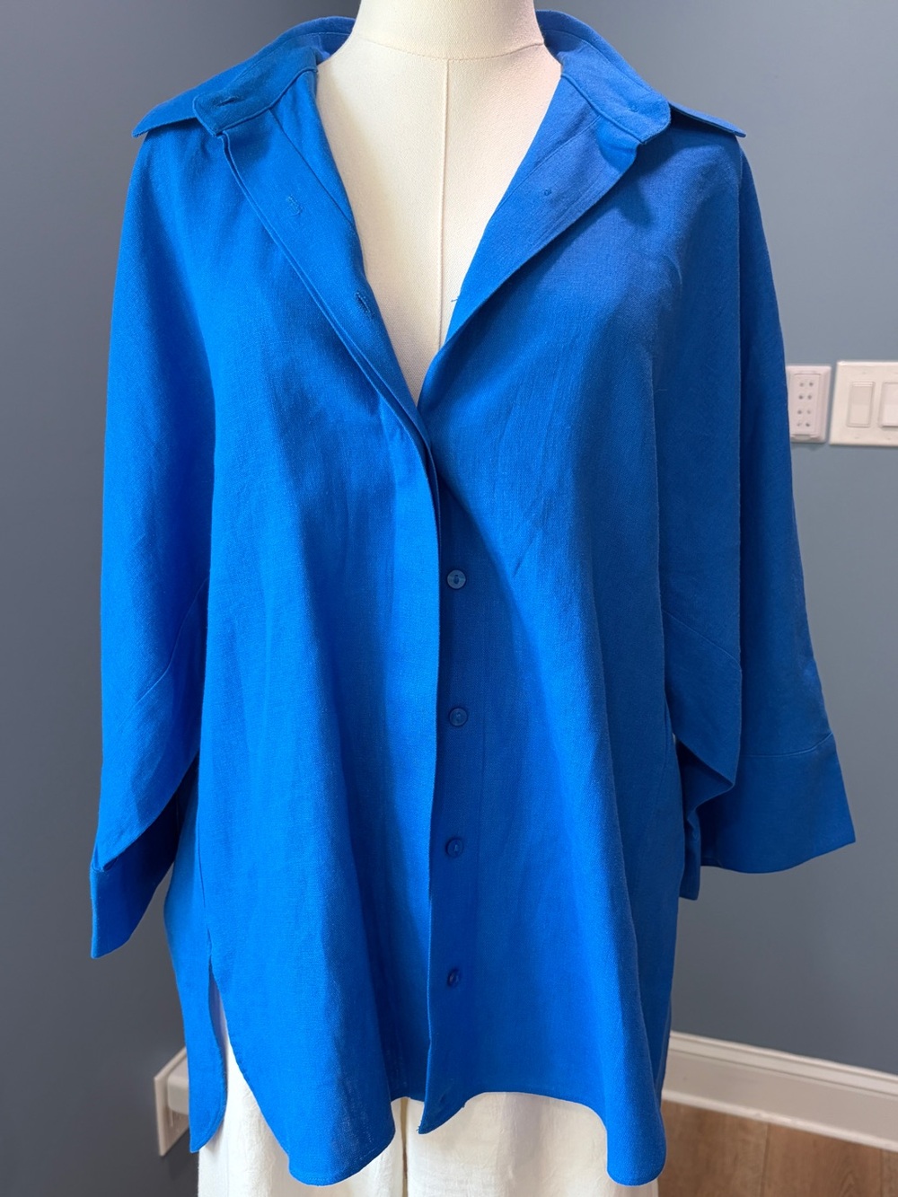 Zara Cobalt Blue Linen Blend Oversized Button Down Shirt Blouse M